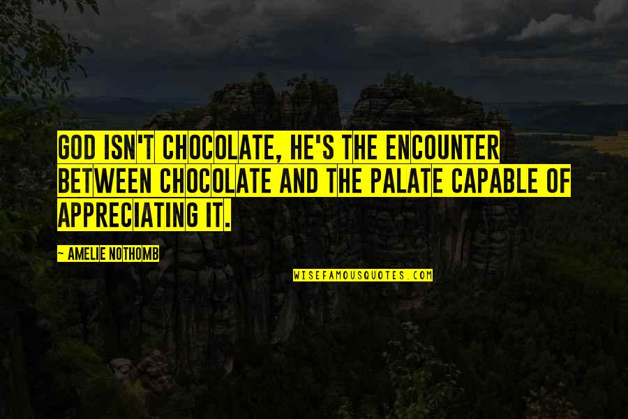 Ellows Quotes By Amelie Nothomb: God isn't chocolate, he's the encounter between chocolate Ellows Quotes By Amelie Nothomb: God isn't chocolate, he's the encounter between chocolate