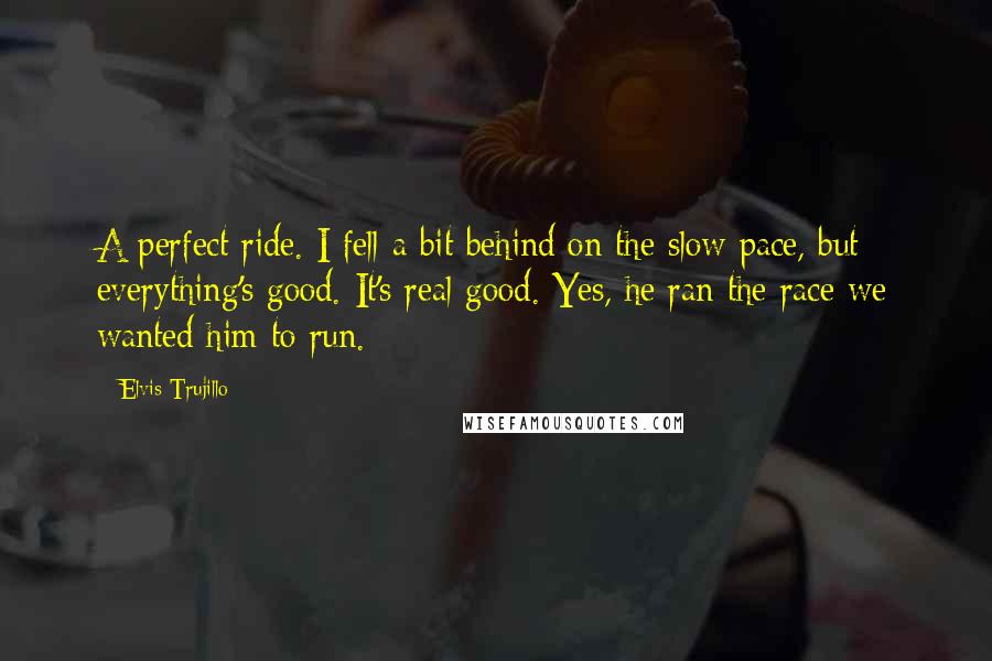 Elvis Trujillo quotes: A perfect ride. I fell a bit behind on the slow pace, but everything's good. It's real good. Yes, he ran the race we wanted him to run.