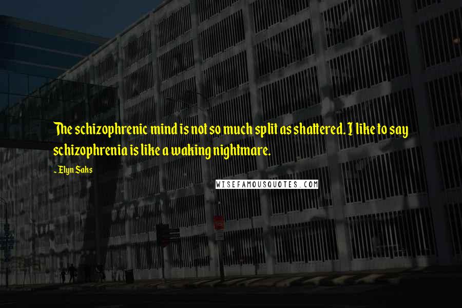 Elyn Saks quotes: The schizophrenic mind is not so much split as shattered. I like to say schizophrenia is like a waking nightmare.