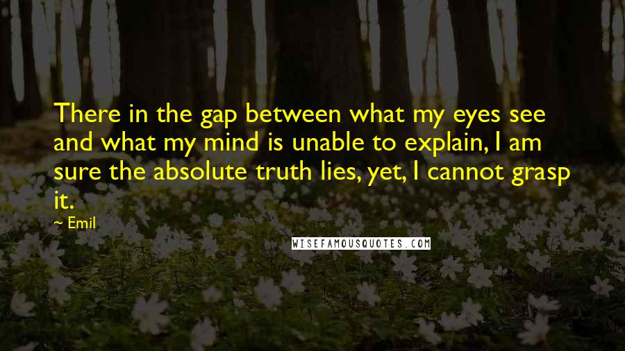 Emil quotes: There in the gap between what my eyes see and what my mind is unable to explain, I am sure the absolute truth lies, yet, I cannot grasp it. Emil quotes: There in the gap between what my eyes see and what my mind is unable to explain, I am sure the absolute truth lies, yet, I cannot grasp it.