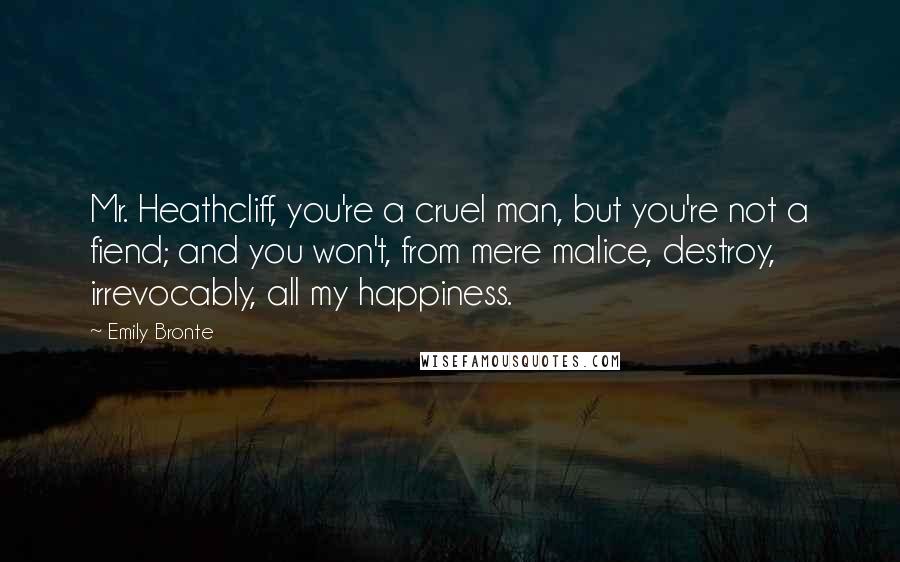 Emily Bronte quotes: Mr. Heathcliff, you're a cruel man, but you're not a fiend; and you won't, from mere malice, destroy, irrevocably, all my happiness.