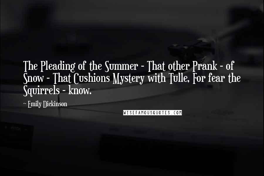Emily Dickinson quotes: The Pleading of the Summer - That other Prank - of Snow - That Cushions Mystery with Tulle, For fear the Squirrels - know. Emily Dickinson quotes: The Pleading of the Summer - That other Prank - of Snow - That Cushions Mystery with Tulle, For fear the Squirrels - know.