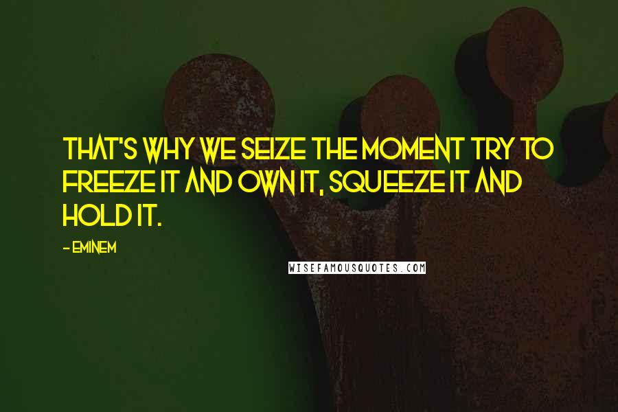 Eminem quotes: That's why we seize the moment try to freeze it and own it, squeeze it and hold it.