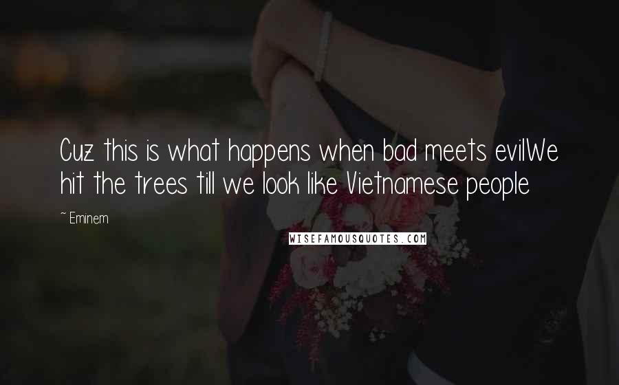 Eminem quotes: Cuz this is what happens when bad meets evilWe hit the trees till we look like Vietnamese people