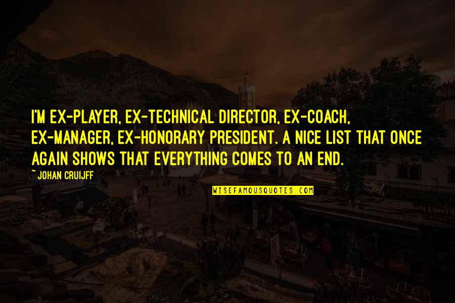 End Of Football Quotes By Johan Cruijff: I'm ex-player, ex-technical director, ex-coach, ex-manager, ex-honorary president. End Of Football Quotes By Johan Cruijff: I'm ex-player, ex-technical director, ex-coach, ex-manager, ex-honorary president.