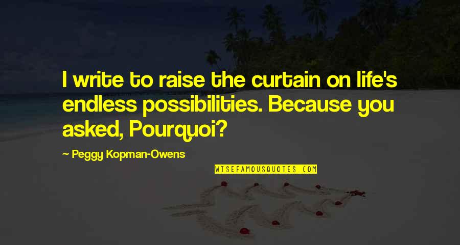 Endless Possibilities Quotes By Peggy Kopman-Owens: I write to raise the curtain on life's