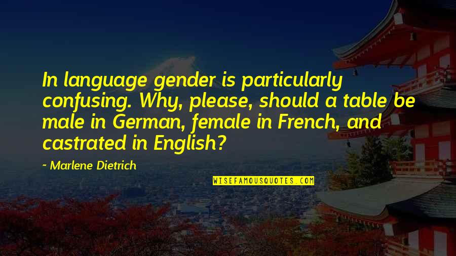 English Only Please Best Quotes By Marlene Dietrich: In language gender is particularly confusing. Why, please,