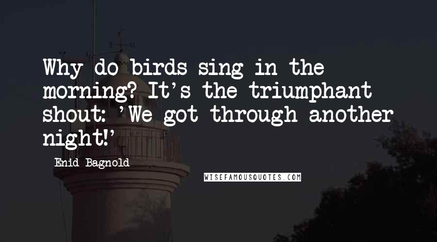 Enid Bagnold quotes: Why do birds sing in the morning? It's the triumphant shout: 'We got through another night!'