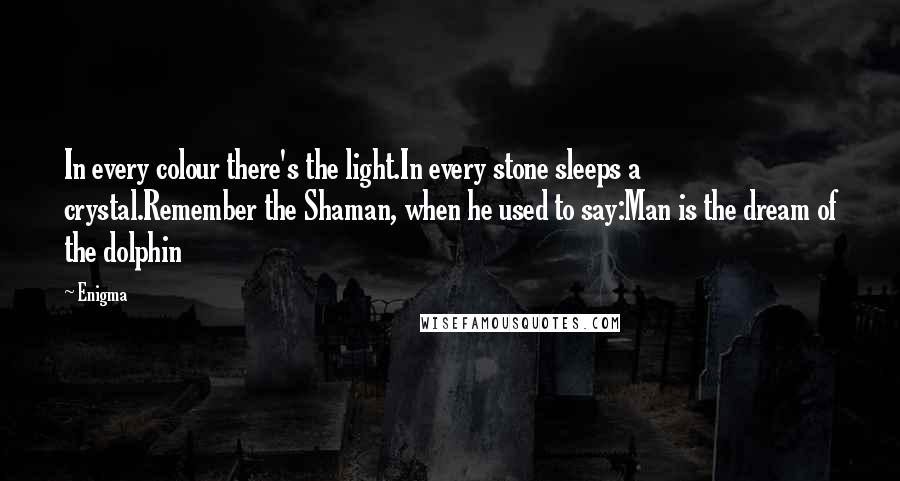 Enigma quotes: In every colour there's the light.In every stone sleeps a crystal.Remember the Shaman, when he used to say:Man is the dream of the dolphin