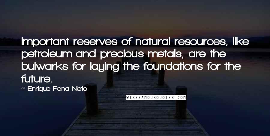 Enrique Pena Nieto quotes: Important reserves of natural resources, like petroleum and precious metals, are the bulwarks for laying the foundations for the future. Enrique Pena Nieto quotes: Important reserves of natural resources, like petroleum and precious metals, are the bulwarks for laying the foundations for the future.