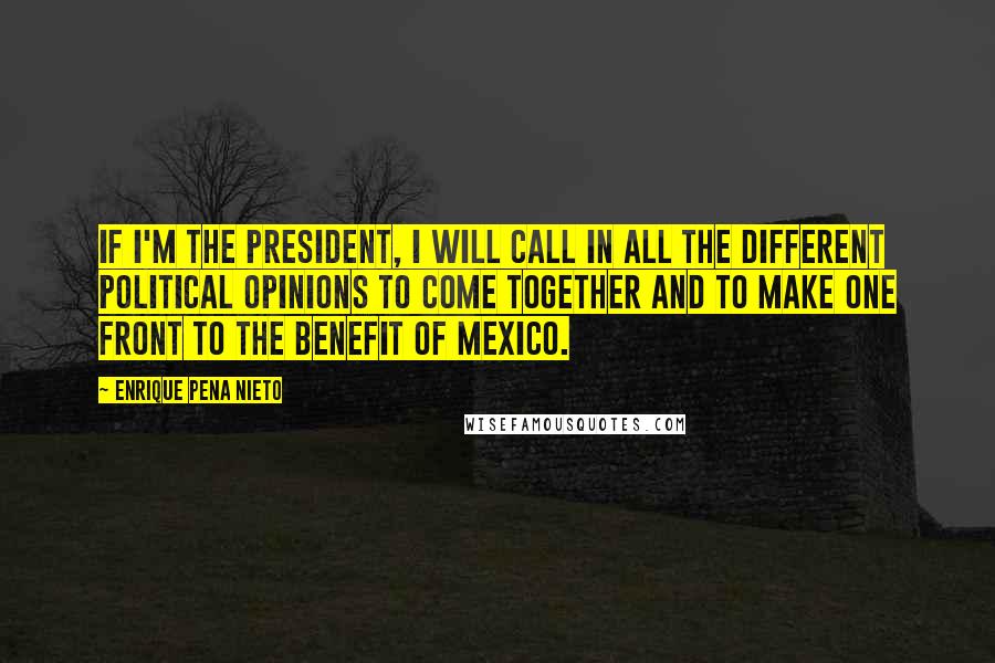 Enrique Pena Nieto quotes: If I'm the president, I will call in all the different political opinions to come together and to make one front to the benefit of Mexico. Enrique Pena Nieto quotes: If I'm the president, I will call in all the different political opinions to come together and to make one front to the benefit of Mexico.