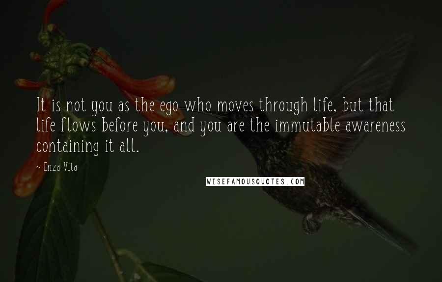 Enza Vita quotes: It is not you as the ego who moves through life, but that life flows before you, and you are the immutable awareness containing it all. Enza Vita quotes: It is not you as the ego who moves through life, but that life flows before you, and you are the immutable awareness containing it all.
