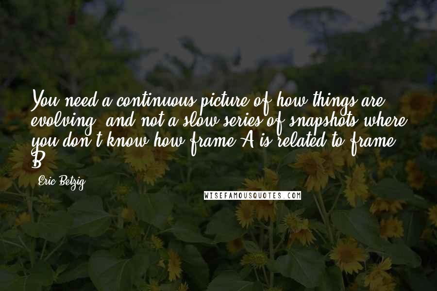 Eric Betzig quotes: You need a continuous picture of how things are evolving, and not a slow series of snapshots where you don't know how frame A is related to frame B. Eric Betzig quotes: You need a continuous picture of how things are evolving, and not a slow series of snapshots where you don't know how frame A is related to frame B.