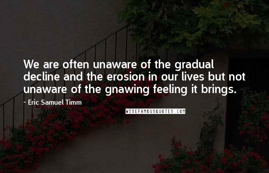 Eric Samuel Timm quotes: We are often unaware of the gradual decline and the erosion in our lives but not unaware of the gnawing feeling it brings. Eric Samuel Timm quotes: We are often unaware of the gradual decline and the erosion in our lives but not unaware of the gnawing feeling it brings.