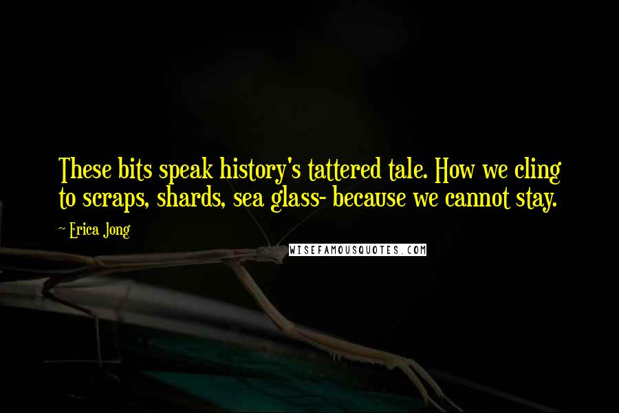 Erica Jong quotes: These bits speak history's tattered tale. How we cling to scraps, shards, sea glass- because we cannot stay.
