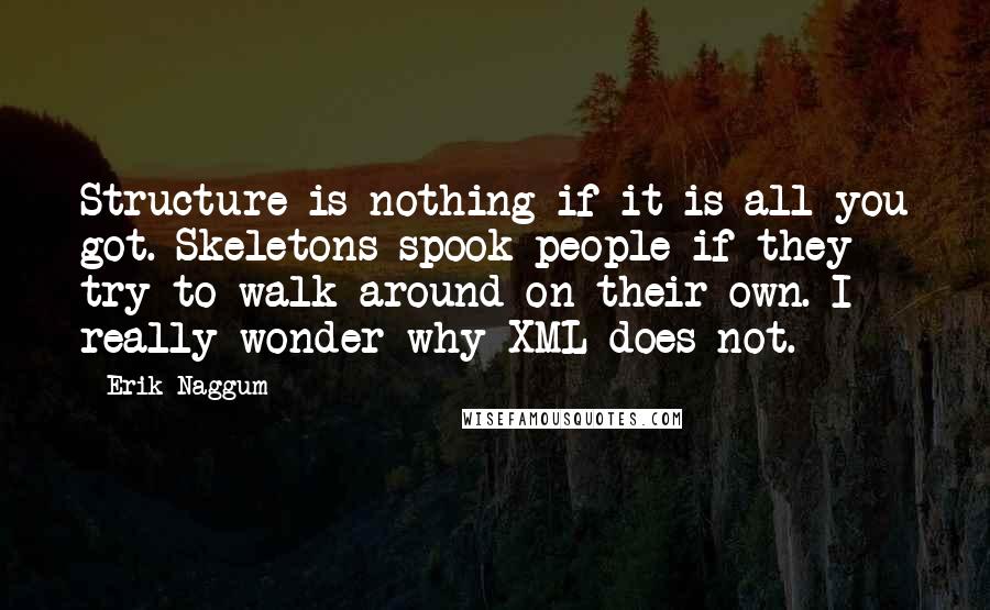 Erik Naggum quotes: Structure is nothing if it is all you got. Skeletons spook people if they try to walk around on their own. I really wonder why XML does not.