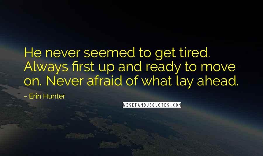 Erin Hunter quotes: He never seemed to get tired. Always first up and ready to move on. Never afraid of what lay ahead.