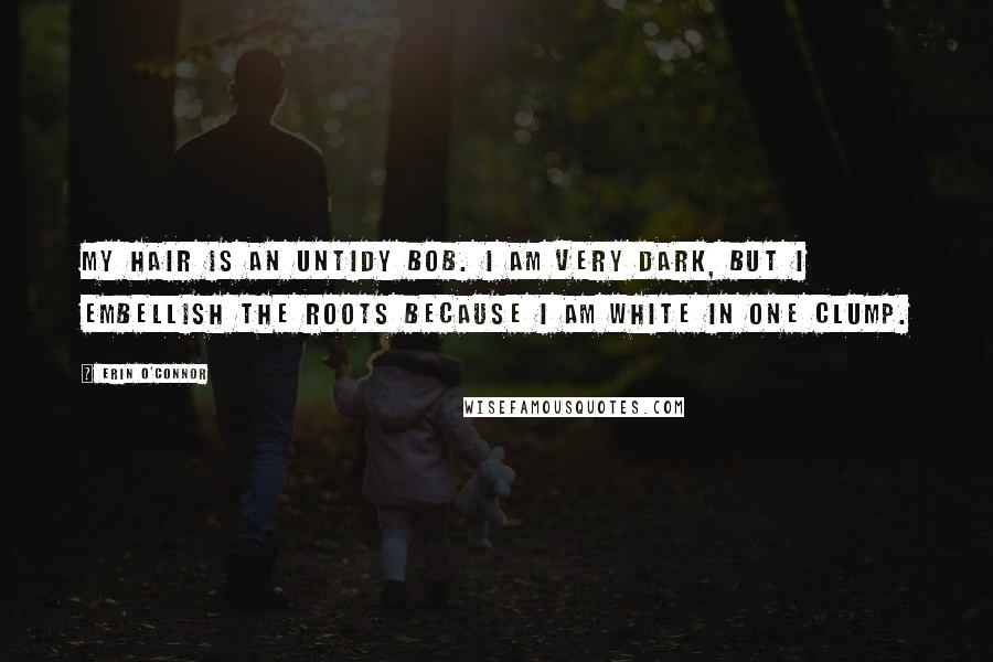 Erin O'Connor quotes: My hair is an untidy bob. I am very dark, but I embellish the roots because I am white in one clump.