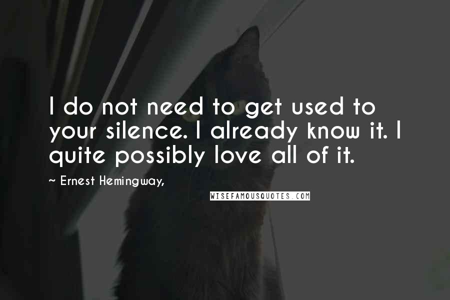 Ernest Hemingway, quotes: I do not need to get used to your silence. I already know it. I quite possibly love all of it. Ernest Hemingway, quotes: I do not need to get used to your silence. I already know it. I quite possibly love all of it.
