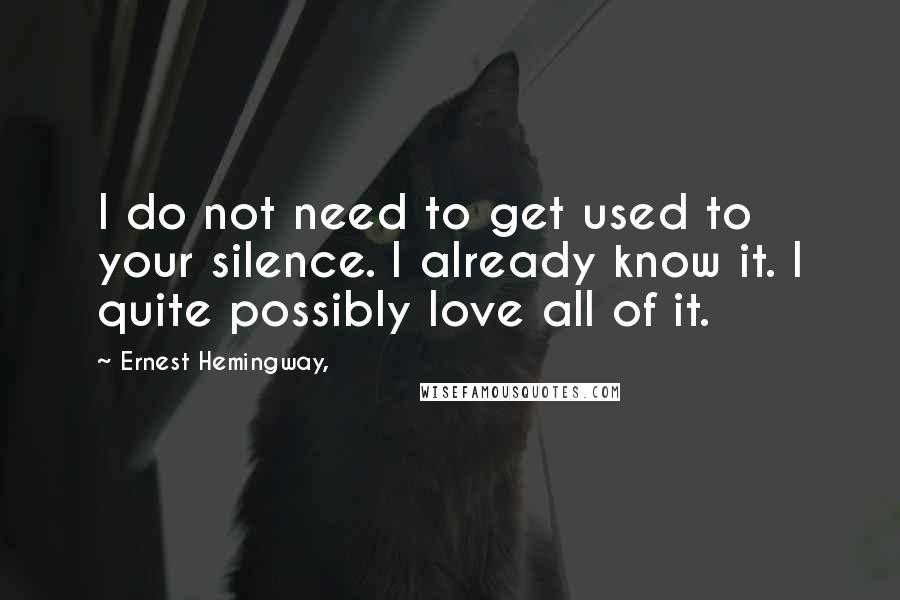 Ernest Hemingway, quotes: I do not need to get used to your silence. I already know it. I quite possibly love all of it.