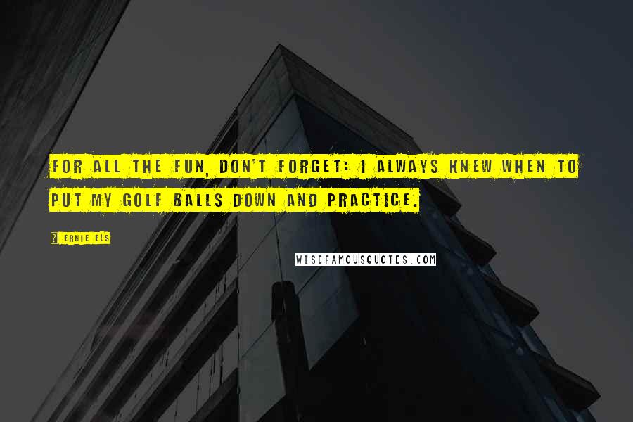 Ernie Els quotes: For all the fun, don't forget: I always knew when to put my golf balls down and practice.