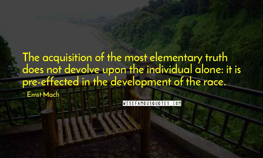 Ernst Mach quotes: The acquisition of the most elementary truth does not devolve upon the individual alone: it is pre-effected in the development of the race. Ernst Mach quotes: The acquisition of the most elementary truth does not devolve upon the individual alone: it is pre-effected in the development of the race.