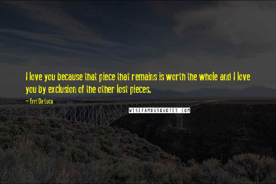 Erri De Luca quotes: I love you because that piece that remains is worth the whole and I love you by exclusion of the other lost pieces.