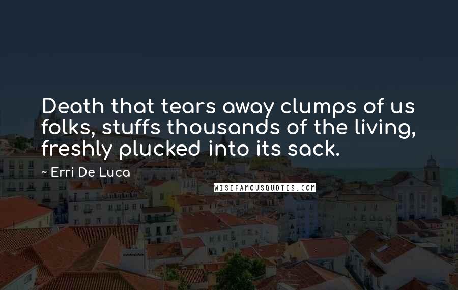 Erri De Luca quotes: Death that tears away clumps of us folks, stuffs thousands of the living, freshly plucked into its sack. Erri De Luca quotes: Death that tears away clumps of us folks, stuffs thousands of the living, freshly plucked into its sack.
