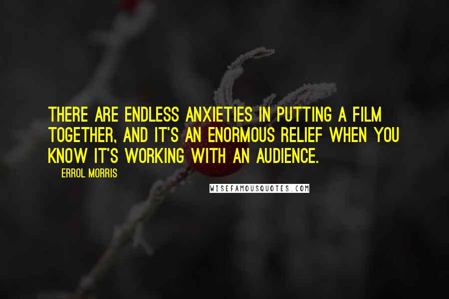 Errol Morris quotes: There are endless anxieties in putting a film together, and it's an enormous relief when you know it's working with an audience. Errol Morris quotes: There are endless anxieties in putting a film together, and it's an enormous relief when you know it's working with an audience.