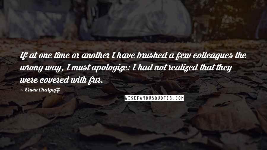 Erwin Chargaff quotes: If at one time or another I have brushed a few colleagues the wrong way, I must apologize: I had not realized that they were covered with fur. Erwin Chargaff quotes: If at one time or another I have brushed a few colleagues the wrong way, I must apologize: I had not realized that they were covered with fur.