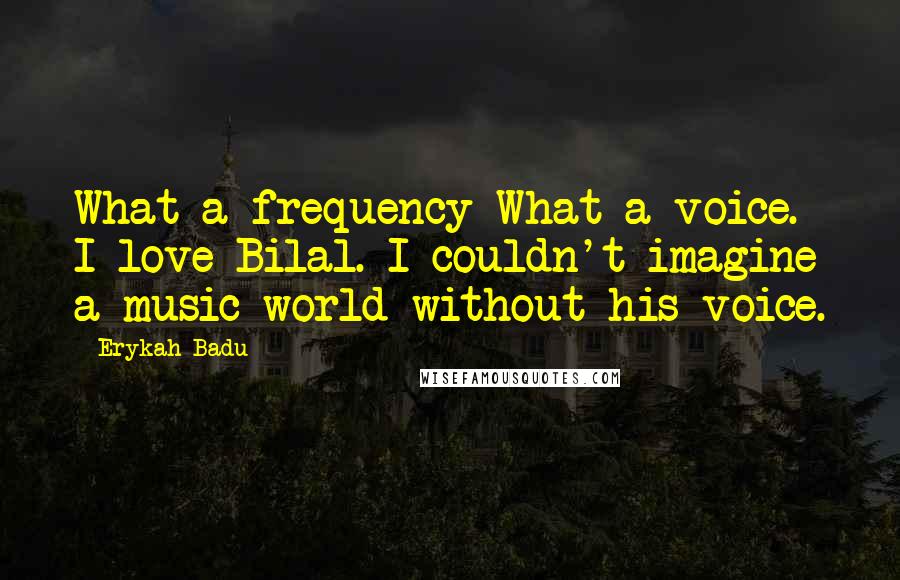Erykah Badu quotes: What a frequency What a voice. I love Bilal. I couldn't imagine a music world without his voice.