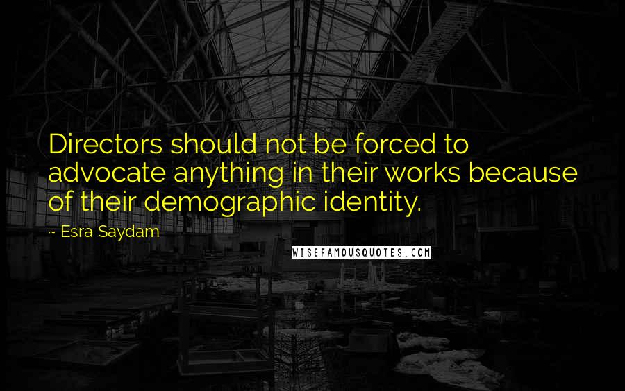 Esra Saydam quotes: Directors should not be forced to advocate anything in their works because of their demographic identity.