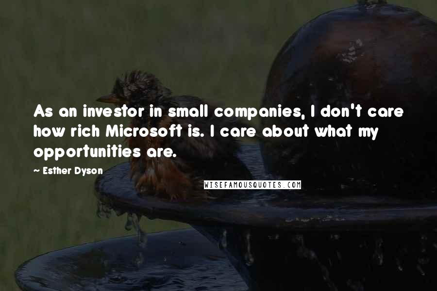 Esther Dyson quotes: As an investor in small companies, I don't care how rich Microsoft is. I care about what my opportunities are. Esther Dyson quotes: As an investor in small companies, I don't care how rich Microsoft is. I care about what my opportunities are.