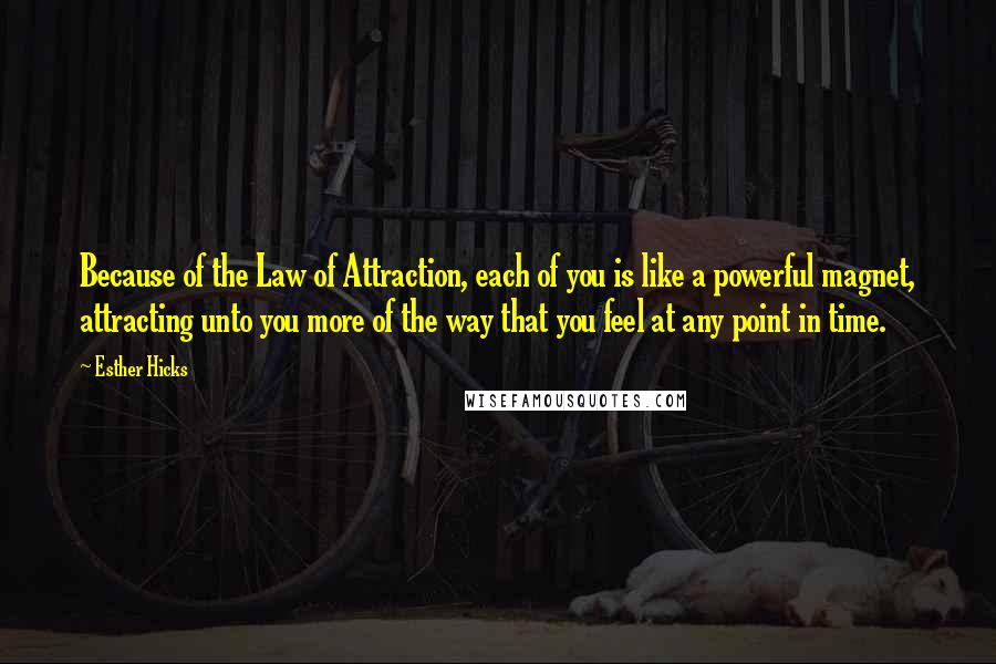 Esther Hicks quotes: Because of the Law of Attraction, each of you is like a powerful magnet, attracting unto you more of the way that you feel at any point in time.