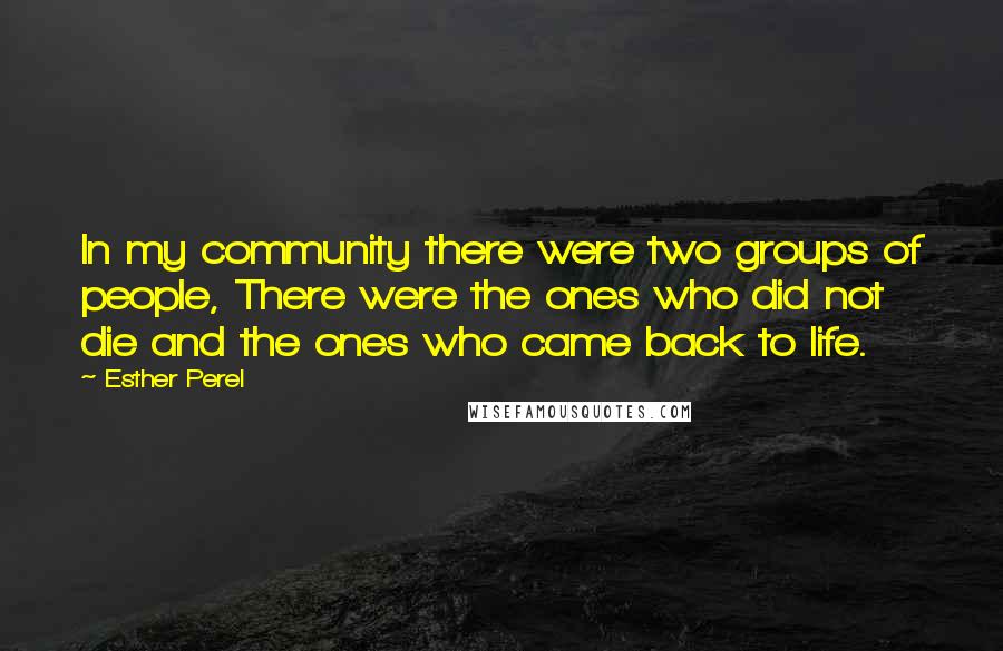 Esther Perel quotes: In my community there were two groups of people, There were the ones who did not die and the ones who came back to life. Esther Perel quotes: In my community there were two groups of people, There were the ones who did not die and the ones who came back to life.