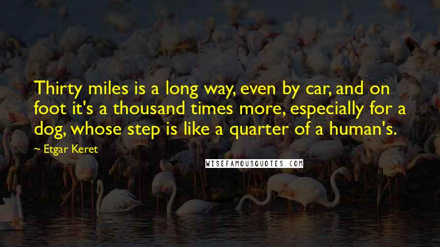 Etgar Keret quotes: Thirty miles is a long way, even by car, and on foot it's a thousand times more, especially for a dog, whose step is like a quarter of a human's.