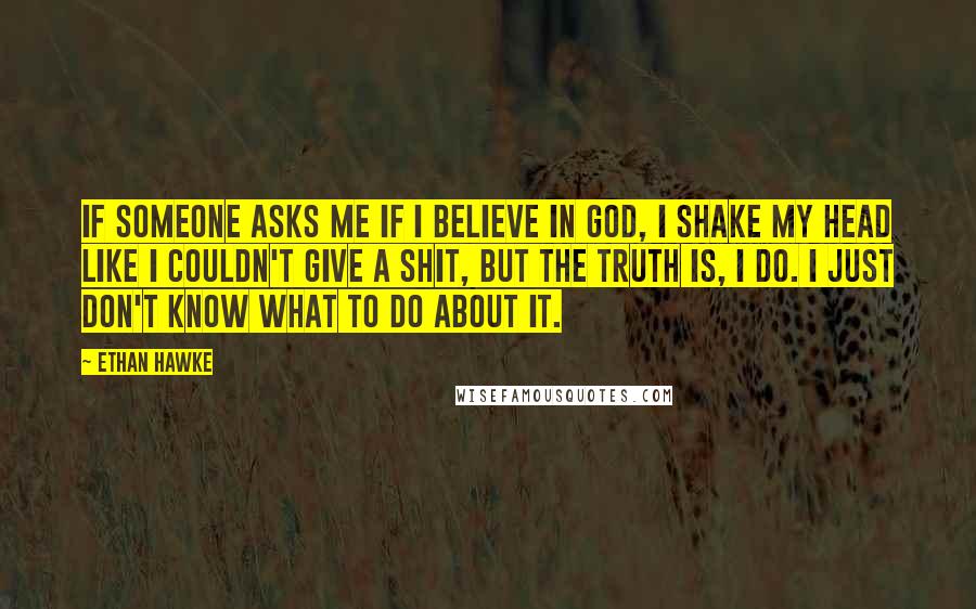 Ethan Hawke quotes: If someone asks me if I believe in God, I shake my head like I couldn't give a shit, but the truth is, I do. I just don't know what Ethan Hawke quotes: If someone asks me if I believe in God, I shake my head like I couldn't give a shit, but the truth is, I do. I just don't know what