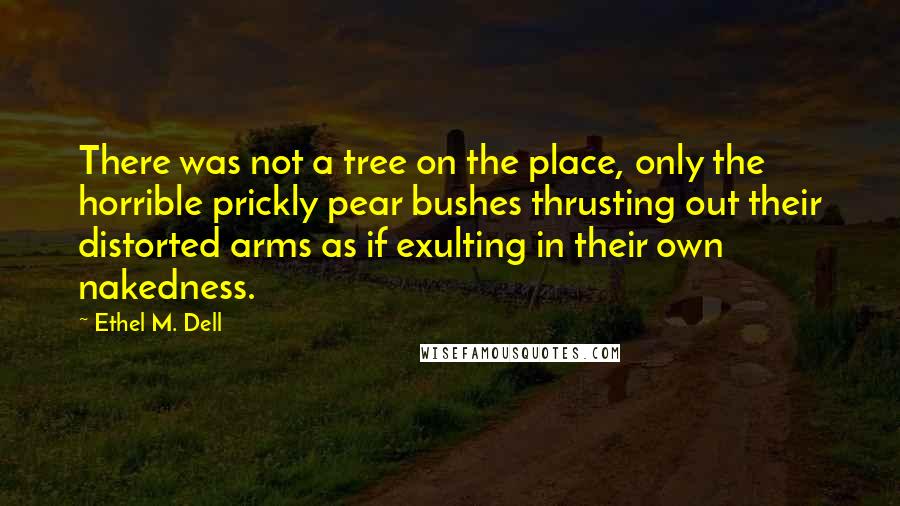 Ethel M. Dell quotes: There was not a tree on the place, only the horrible prickly pear bushes thrusting out their distorted arms as if exulting in their own nakedness.