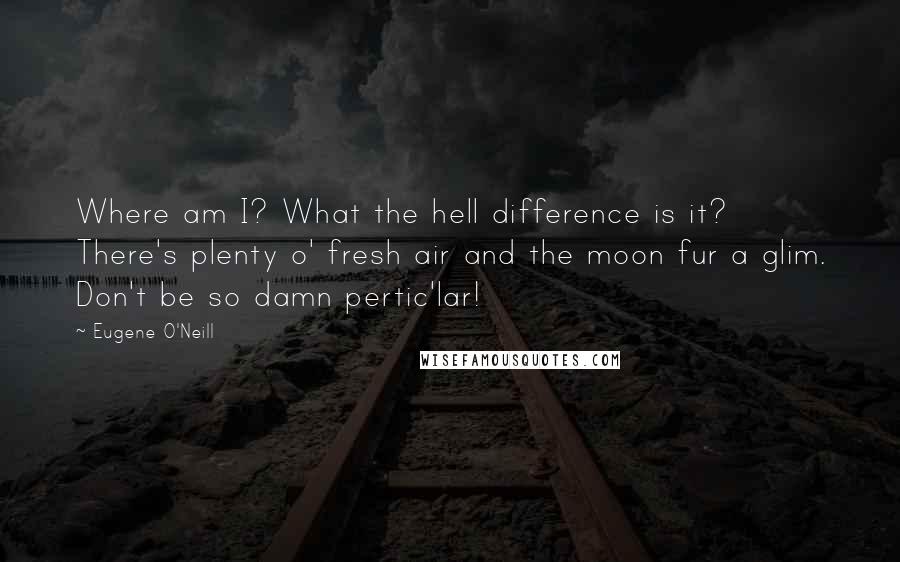 Eugene O'Neill quotes: Where am I? What the hell difference is it? There's plenty o' fresh air and the moon fur a glim. Don't be so damn pertic'lar! Eugene O'Neill quotes: Where am I? What the hell difference is it? There's plenty o' fresh air and the moon fur a glim. Don't be so damn pertic'lar!