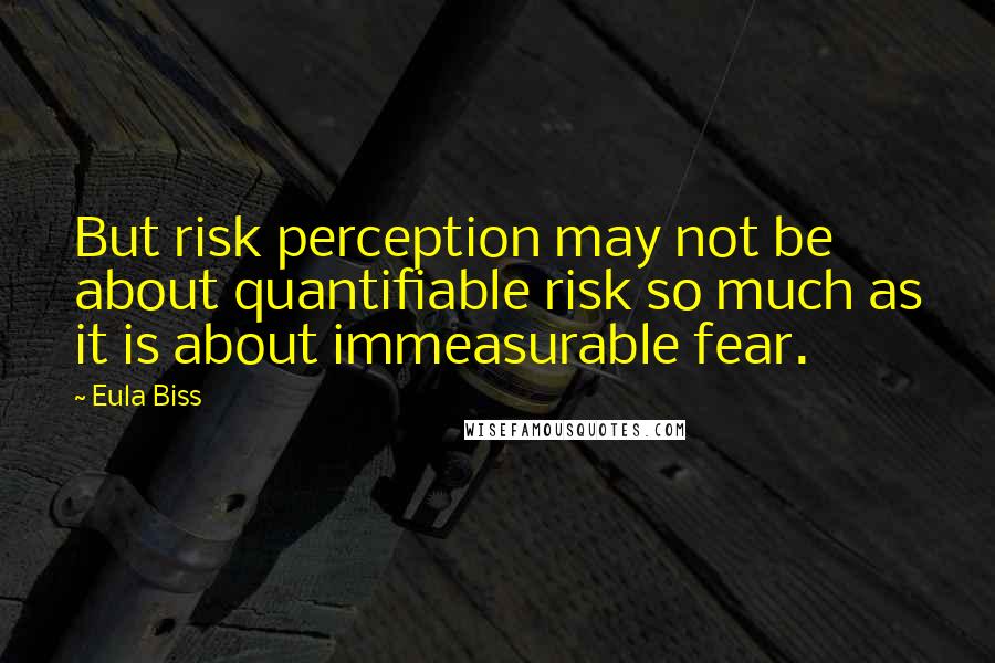 Eula Biss quotes: But risk perception may not be about quantifiable risk so much as it is about immeasurable fear.