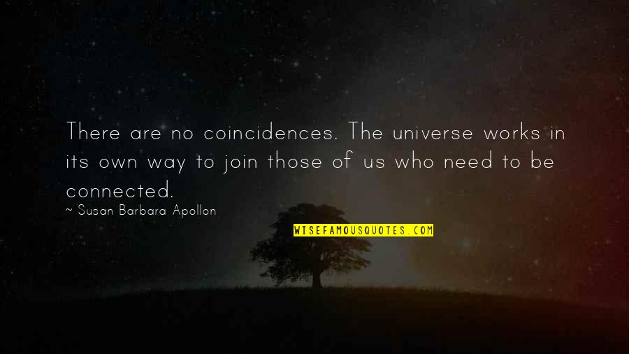 Evelisse Martir Quotes By Susan Barbara Apollon: There are no coincidences. The universe works in Evelisse Martir Quotes By Susan Barbara Apollon: There are no coincidences. The universe works in