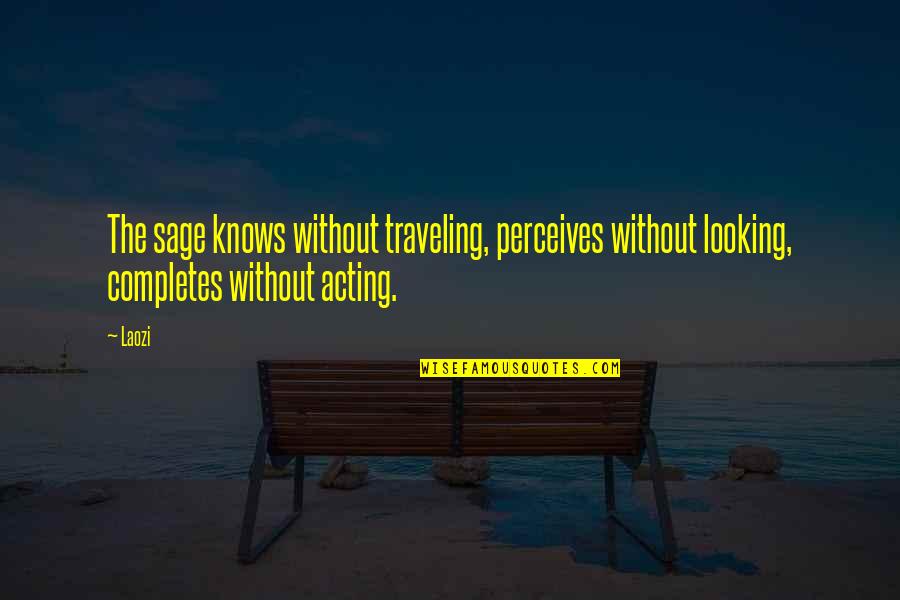 Exemplifying Thesaurus Quotes By Laozi: The sage knows without traveling, perceives without looking,