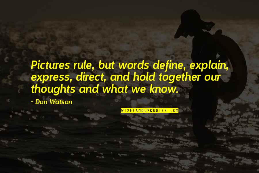Express Thoughts Quotes By Don Watson: Pictures rule, but words define, explain, express, direct,