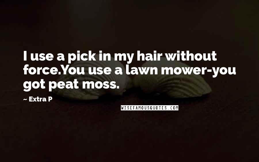 Extra P quotes: I use a pick in my hair without force.You use a lawn mower-you got peat moss.