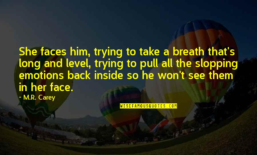Face Emotions Quotes By M.R. Carey: She faces him, trying to take a breath Face Emotions Quotes By M.R. Carey: She faces him, trying to take a breath