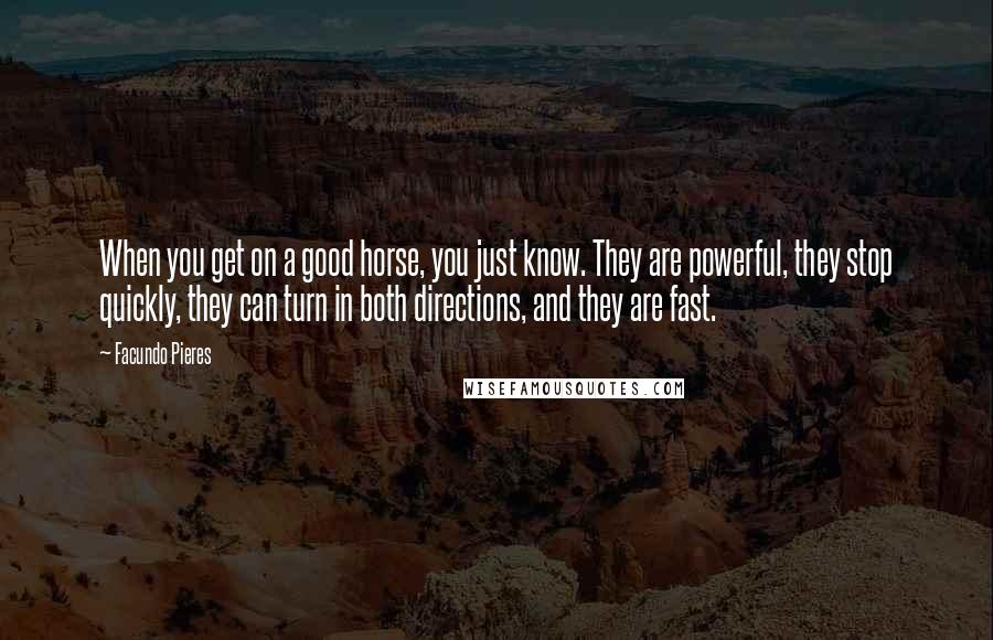 Facundo Pieres quotes: When you get on a good horse, you just know. They are powerful, they stop quickly, they can turn in both directions, and they are fast.