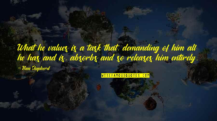 Faltar Quotes By Nan Shepherd: What he values is a task that, demanding Faltar Quotes By Nan Shepherd: What he values is a task that, demanding