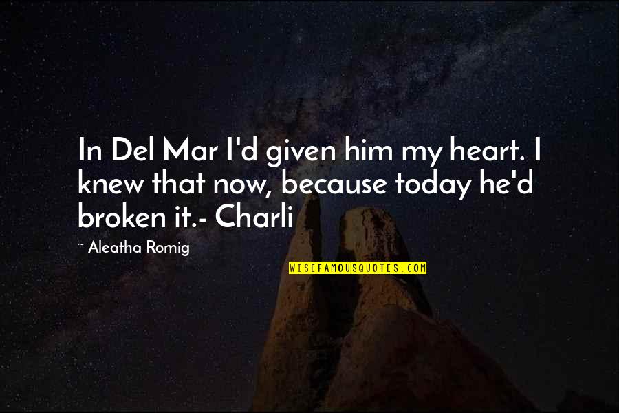 Famous Jacob Bronowski Quotes By Aleatha Romig: In Del Mar I'd given him my heart.