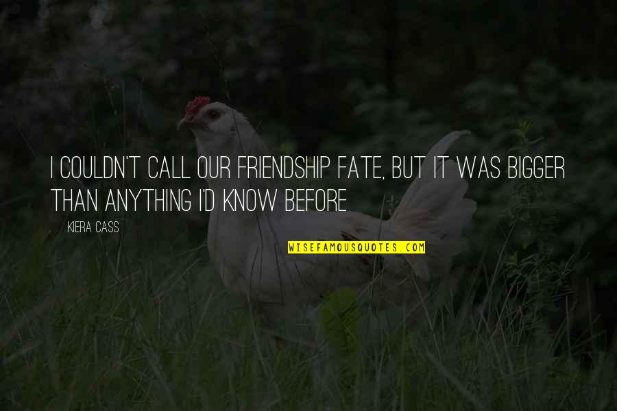 Fate Friendship Quotes By Kiera Cass: I couldn't call our friendship fate, but it