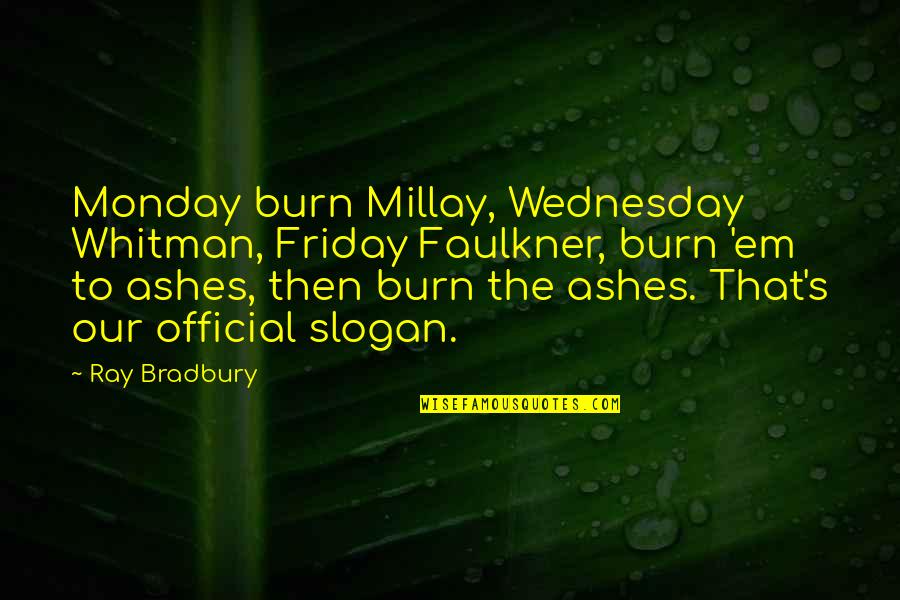 Faulkner's Quotes By Ray Bradbury: Monday burn Millay, Wednesday Whitman, Friday Faulkner, burn Faulkner's Quotes By Ray Bradbury: Monday burn Millay, Wednesday Whitman, Friday Faulkner, burn